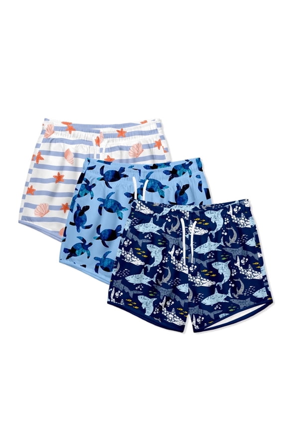 Boys Blue Turtle & Blue Stripe Swim Shorts, Big Boys, Size 7, 2-pcs UPF 50+