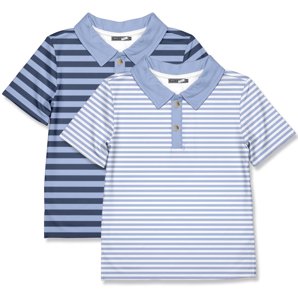 Boys' Navy & Blue Stripe & Periwinkle Stripe Polo Shirts, Big Boy, Size 5, 2-PCS