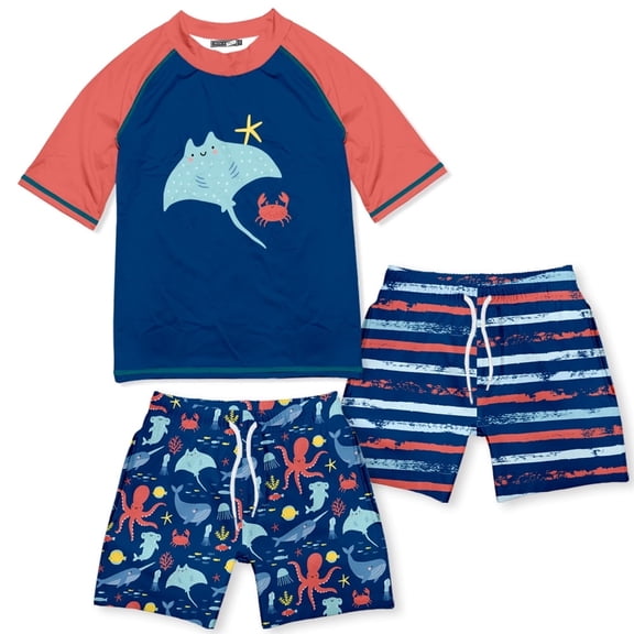 Millie Loves Lily Boys Navy & Orange Sea Animals Rashguard Set, Big Boys, Size 6, 3-pcs, UPF 50