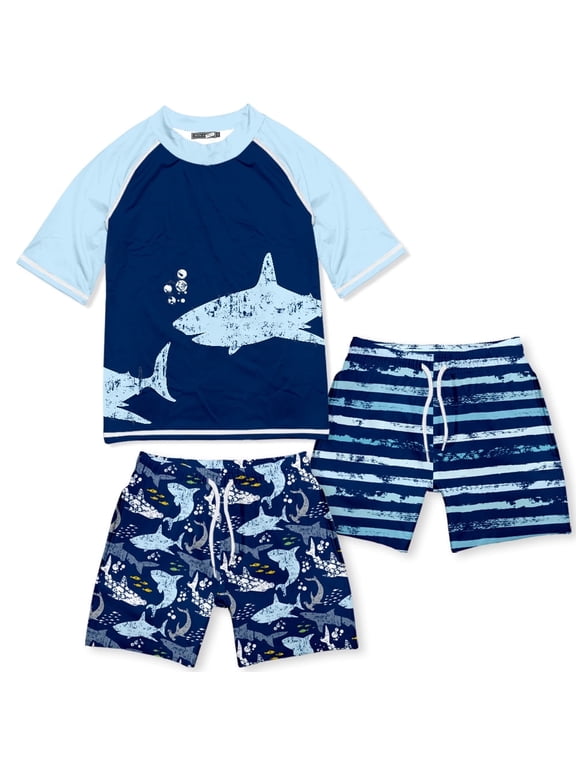 Boys Navy Shark Rashguard Set, Big Boys, Size 8, 3-pcs, UPF 50+