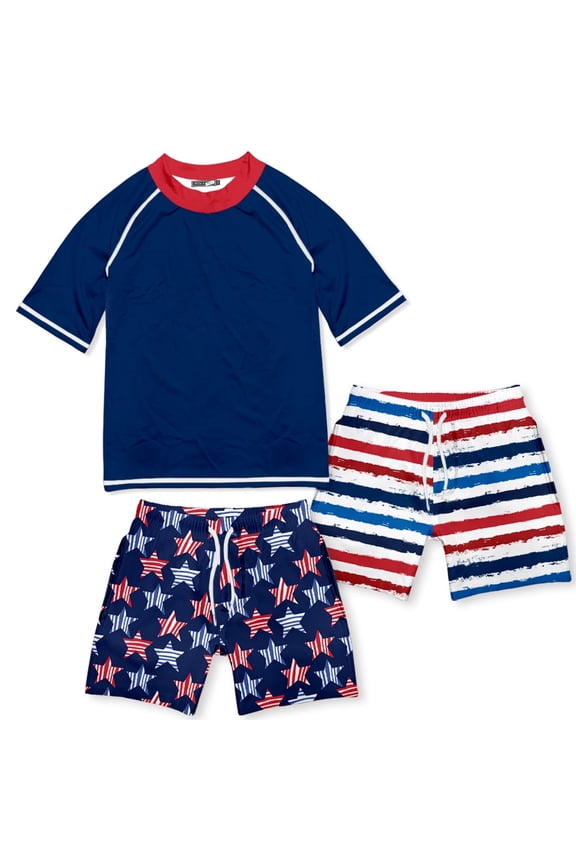 Boys Red,Wht,Blue Stars & Stripes Rashguard Set, Big Boys, Size 6, 3-pcs, UPF 50+