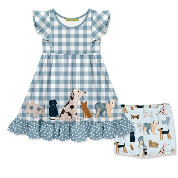 Millie Loves Lily Female Blue Gingham Dogs Angel-Sleeve Dress & Doggy Dog Shorts, Size 2-12