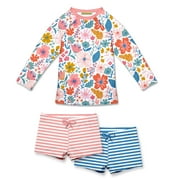 Millie Loves Lily Female Coral Ashley Floral Long-Sleeve Rashguard Swimsuit Set UPF 50, Size 2T-12