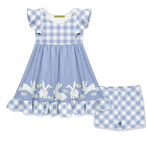 Millie Loves Lily Girls Blue Easter Bunny Border Angel-Sleeve Dress & Gingham Shorts Set, Size 6, 2-PCS