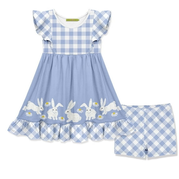 Millie Loves Lily Girls Blue Easter Bunny Border Angel-Sleeve Dress & Gingham Shorts Set, Size 8, 2-PCS