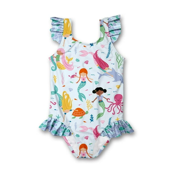 Millie Loves Lily Female Ice Blue Mermaid Ruffle-Accent Swimsuit One-piece UPF 50, Sizes 2T-10