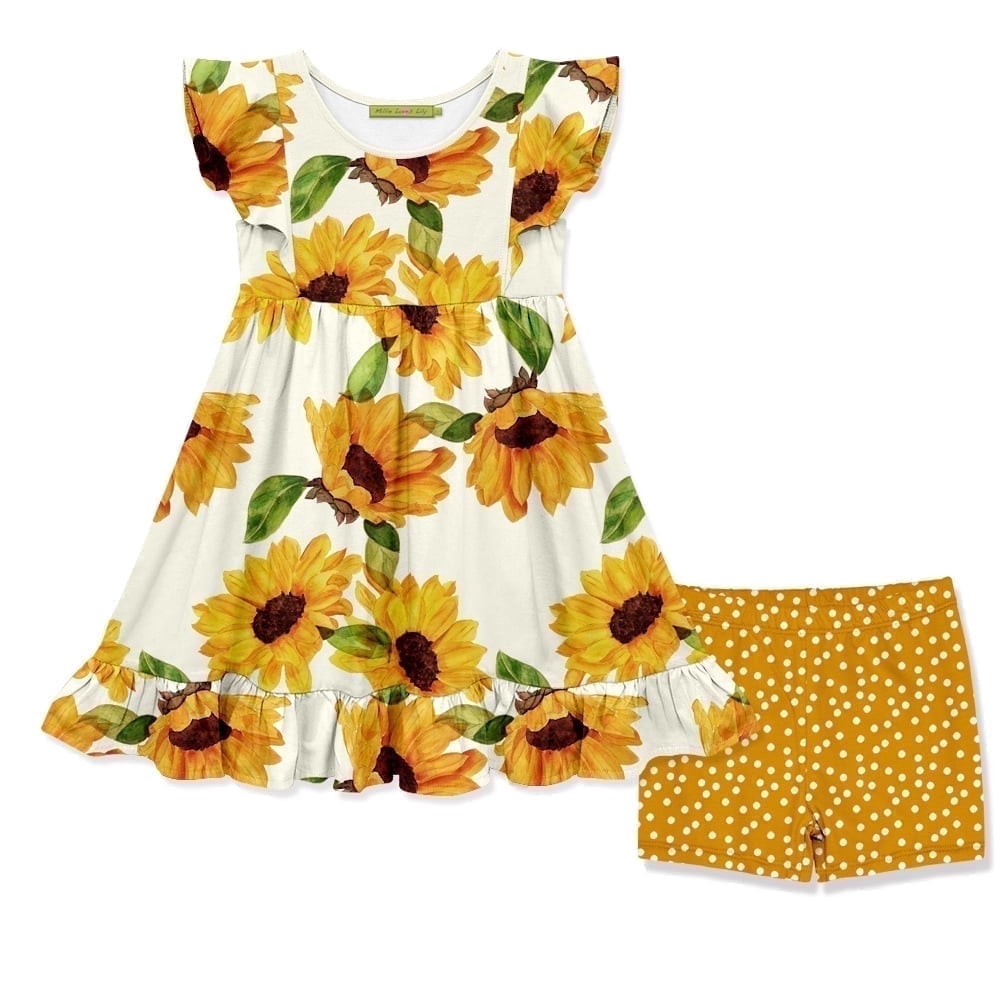 Millie Loves Lily Girls Marigold & Cream Sunflower Angel Sleeve Dress and Matching Short Set,Big Girls,Size 4(2-PCs)
