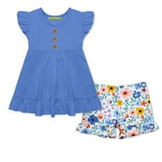 Millie Loves Lily Female Teal Top & Kitty Print Ruffle Shorts set size (2T-12)