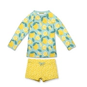 Millie Loves Lily Female Mint & Yellow Lemon Long-Sleeve Rashguard Swimsuit Set UPF 50, Size 2T-12
