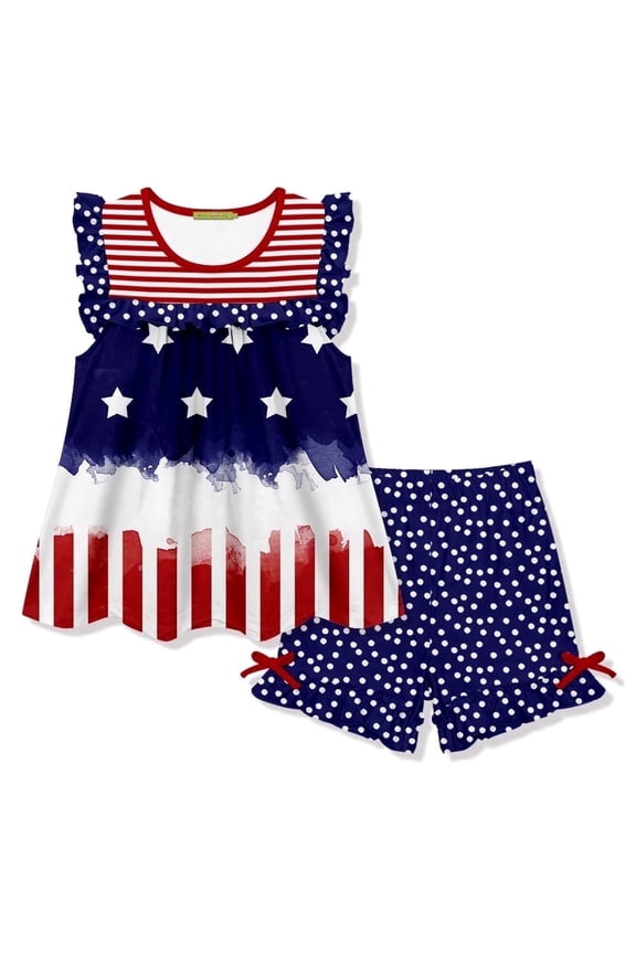 Girls Red, White & Blue American Flag Patriotic Stars & Stripes Top & Short Set, Big Girls Size 8, 2-PCS