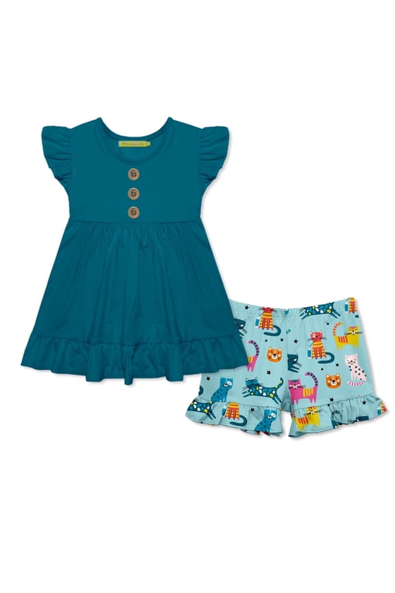 Female Teal Top & Kitty Print Ruffle Shorts set size (2T-12)