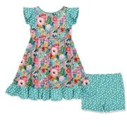 Millie Loves Lily Girls Turquoise New Beginnings Floral Angel Sleeve Dress and Matching Short Set size (3T-12 & Plus Sizes)