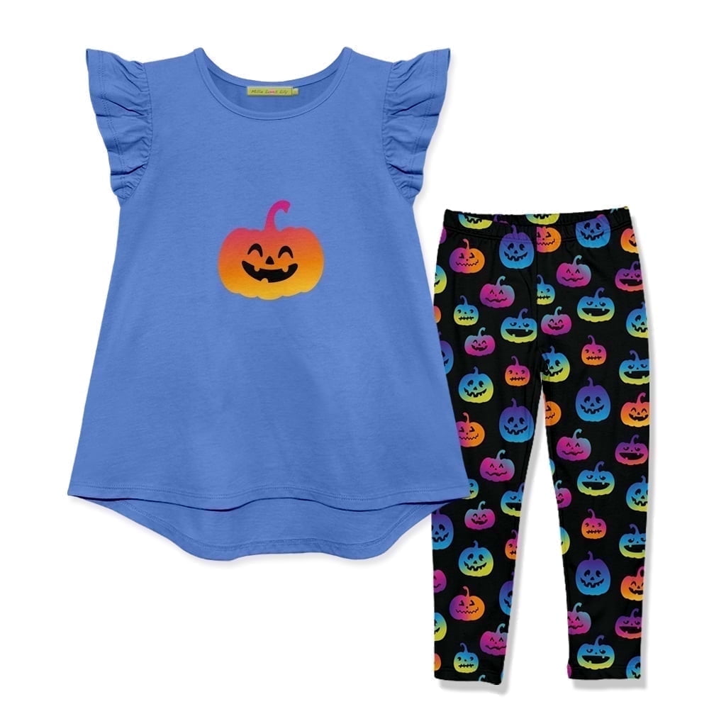 Millie Loves Lily Girls Blue Halloween Tee & Pumpkin Printed Leggings Size 10, 2-pc