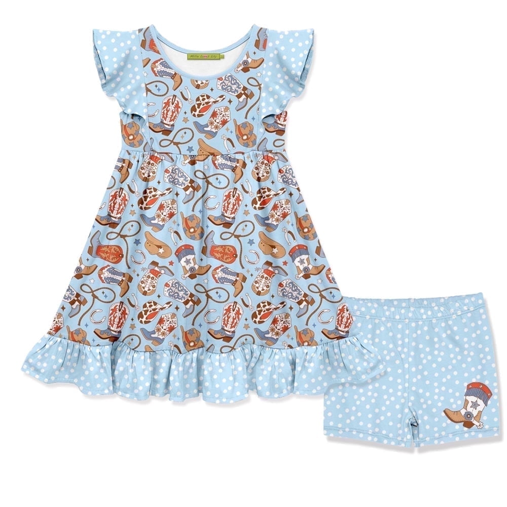 Millie Loves Lily Girls Blue Howdy Boots Dress & Dot Short Set,Toddler Girl,Size 3t(2PCS)