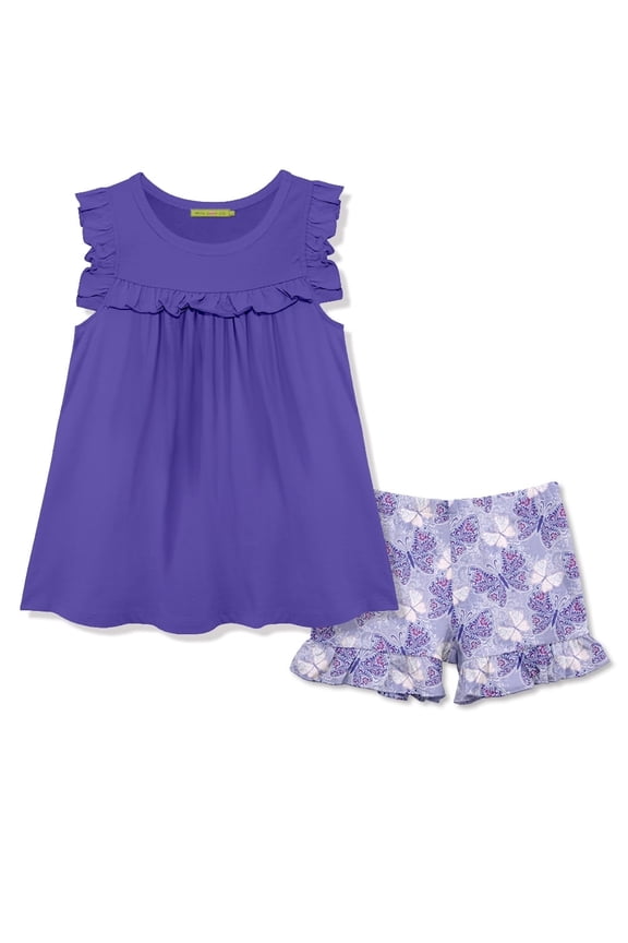 Girls Blue Iris Ruffle Top and Butterfly Printed Ruffle Short Set,Big Girls,Size 6 2-PCS