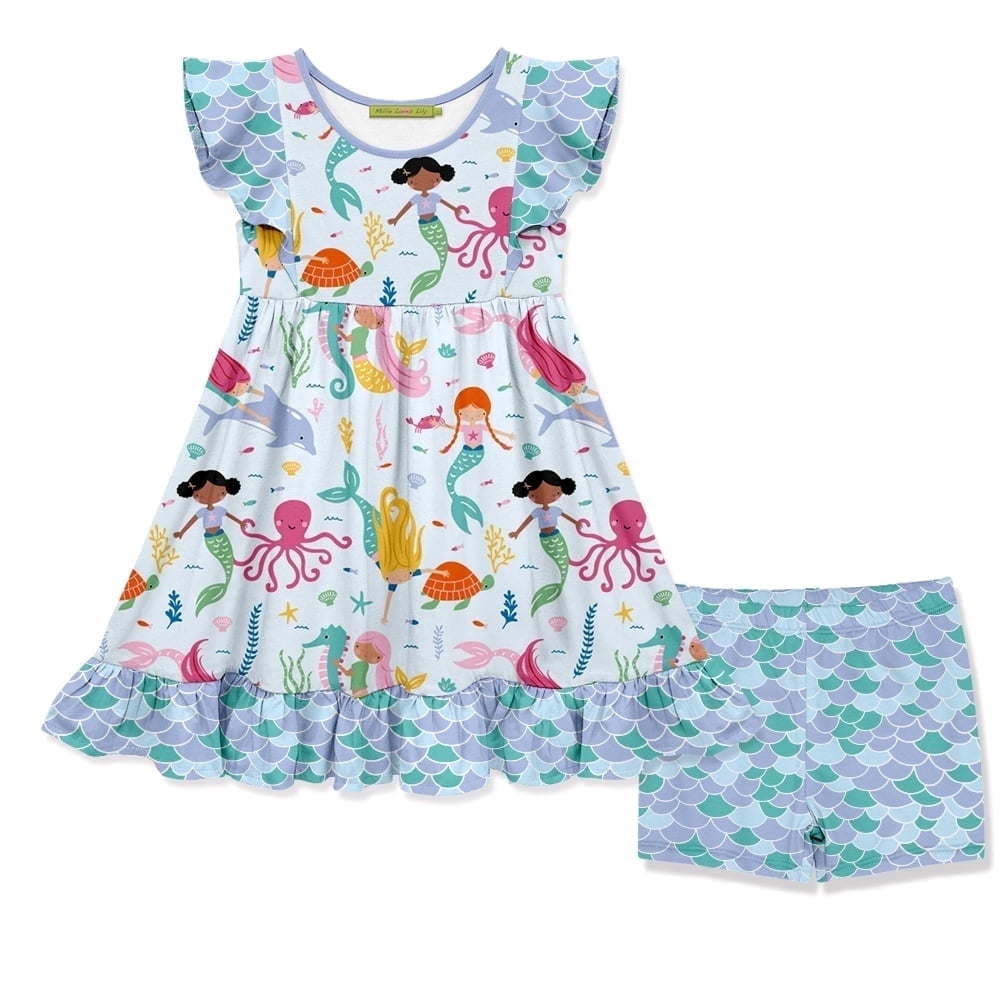 Millie Loves Lily Girls Blue Mermaid Print Dress and Shorts Set,(Size 3T-12)2PCS
