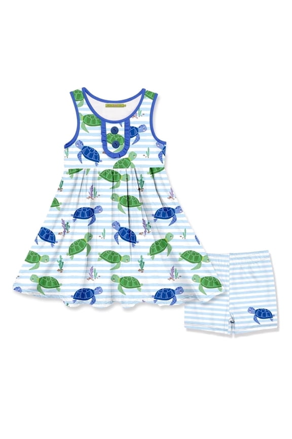Girls Blue and Green Turtle Print Dress and Short Set, Big Girls, Size 8,2-PCS