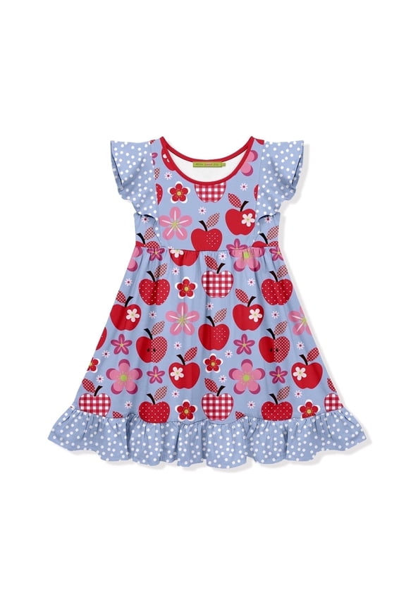 Girls Blue and Red Apple Print Angel Wing Dress Size (3T-12)