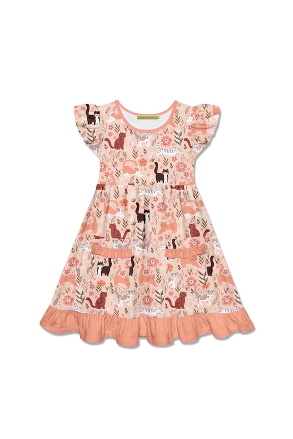 Girls Coral Kitty 2-Pocket Dress, Big Girls,Size 8