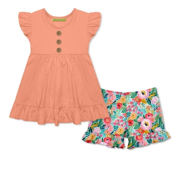 Millie Loves Lily Girls Coral Top & New Beginnings Floral Ruffle Short set , Big Girls, Size 3T, 2-PCS