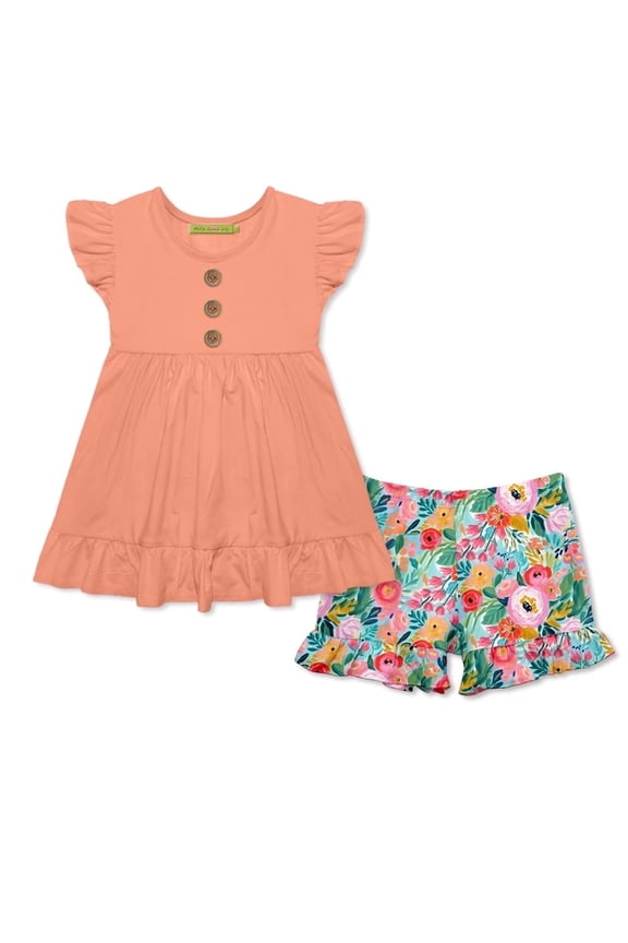 Girls Coral Top & New Beginnings Floral Ruffle Short set , Big Girls, Size 8, 2-PCS