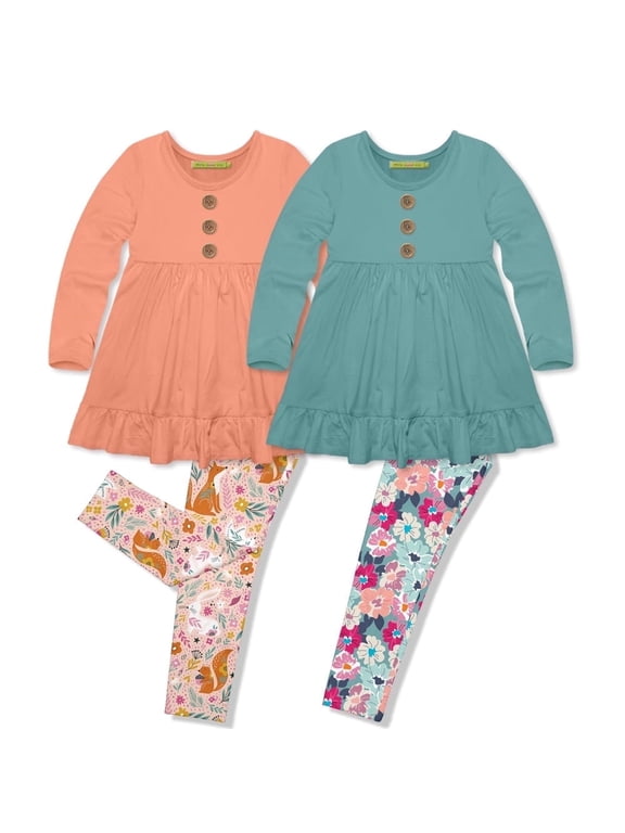 Girls Coral and Nile Blue Tops & Printed Leggings, Big Girl, Size 6, 4-pcs