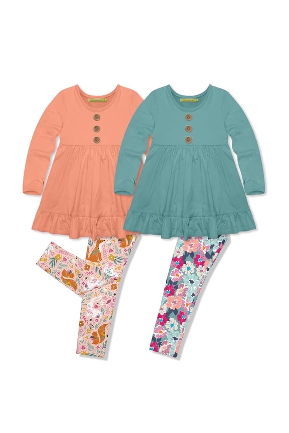 Girls Coral and Nile Blue Tops & Printed Leggings, Big Girl, Size 8, 4-pcs