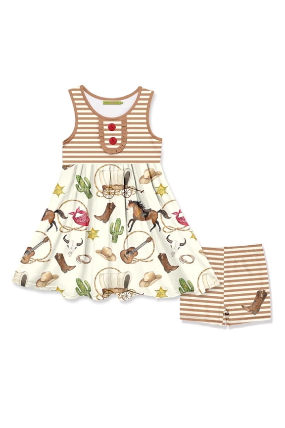 Girls Cream Rodeo Print Dress and Short Set, Big Girls, Size 8,2-PCS
