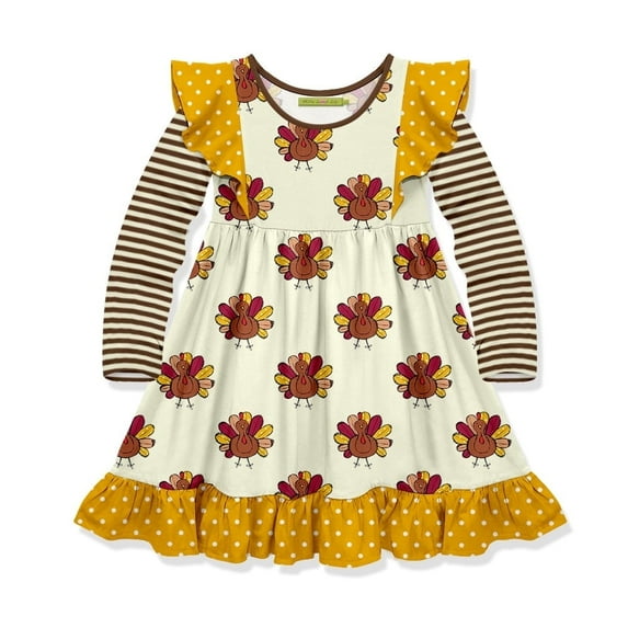 Millie Loves Lily Girls' Cream Thanksgiving Turkey Long Sleeve Dress , Toddler Size 3T