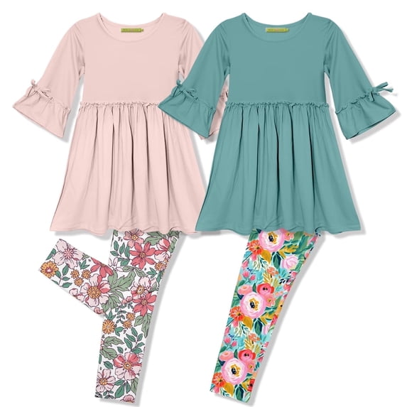 Millie Loves Lily Girls Lt. Pink and Nile Blue Dress & Legging Set (Size 4T-12 & Plus Sizes), 4-PCS
