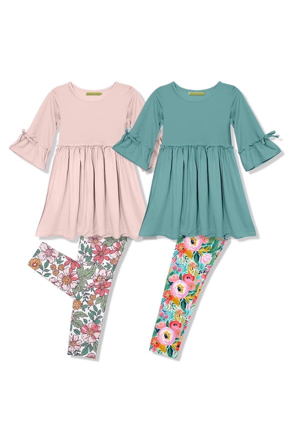 Girls Lt. Pink and Nile Blue Dress & Legging Set (Size 4T-12 & Plus Sizes), 4-PCS