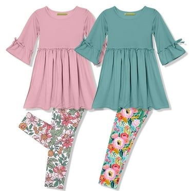 Millie Loves Lily Girls Dusty Pink and Nile Blue Dress and Legging Set, (Size 3T-12 & Plus Sizes), 4pcs