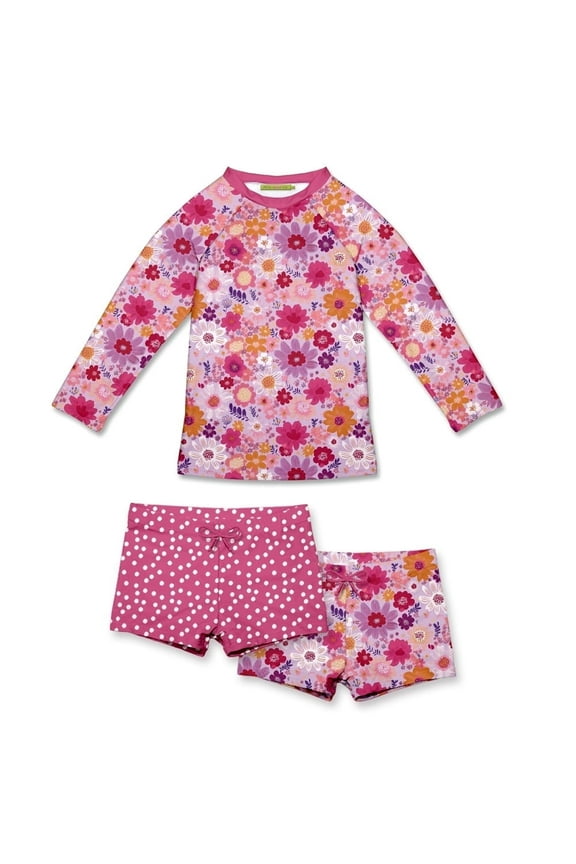 Girls Fucshia Floral Long Sleeve Rashguard Set, UPF 50+, Big Girls, Size 8, 3-PCS