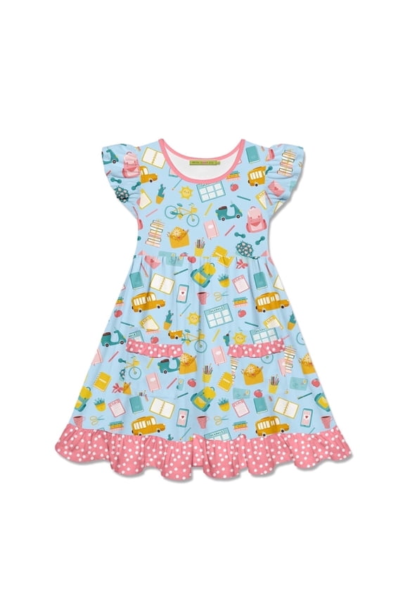 Girls' Ice Blue School Print, 2- Pocket Dress, Big Girl,Size 6
