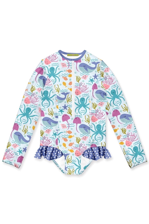 Girls Ice Blue Sea Creatures Zip Front Rash Guard, Big Girls, Size 6, UPF 50+