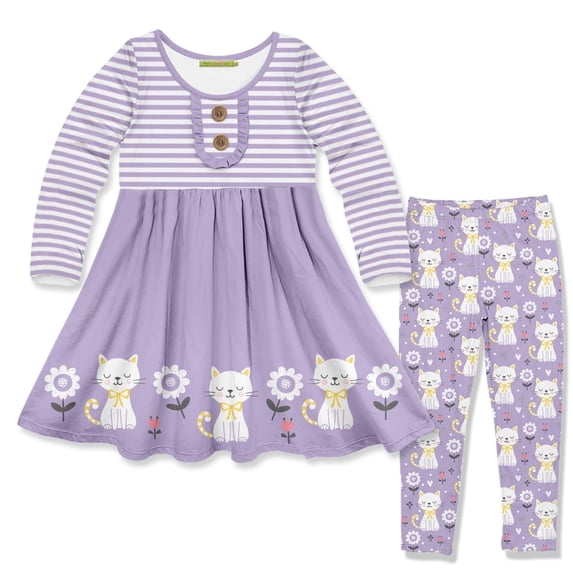 Millie Loves Lily Girls Lilac Kitty Border Print Dress and Legging Set, Size 6, 2-PCS