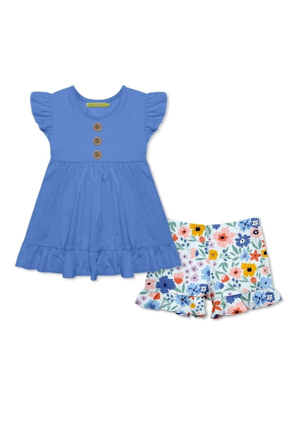 Girls Marina Blue Angel-Sleeve Top & Wonder Floral Ruffle Shorts Set, Big Girls, Size 6, 2-PCS