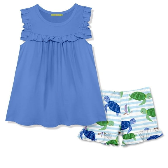 Millie Loves Lily Girls Marina Blue Ruffle Top and Turtle Print Ruffle Short Set,Toddler Girls,Size 4T,2-PCS