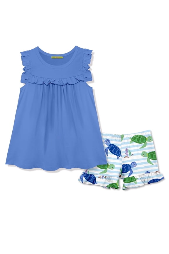 Girls Marina Blue Ruffle Top and Turtle Print Ruffle Short Set,Toddler Girls,Size 4T,2-PCS