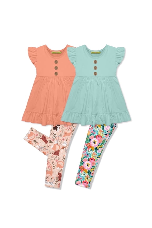Girls Mint & Coral Pretty Kitty & New Beginnings Floral 4-pc Legging Set, Size 5