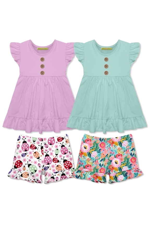Girls Mint & Lilac Lady Bug & New Beginnings Floral Short Set, Big Girls, Size 10, 4-PCS