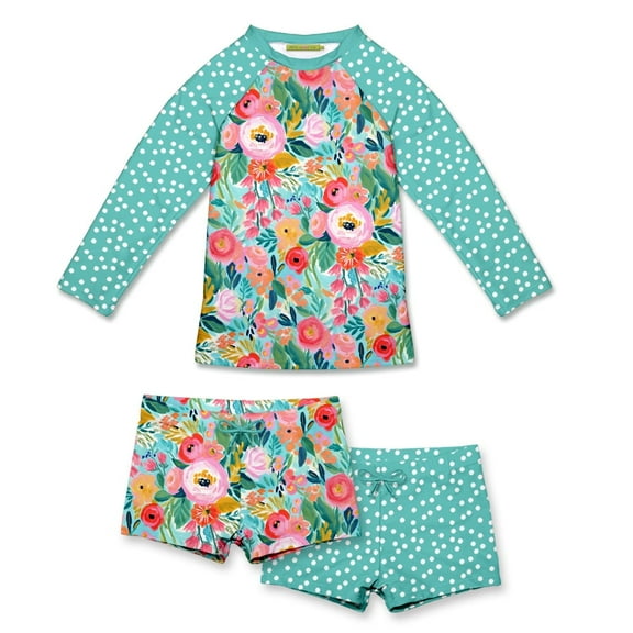 Millie Loves Lily Girls Mint New Beginnings Floral Rashguard Set,Big Girls,Size 5,3-PCS,UPF 50 