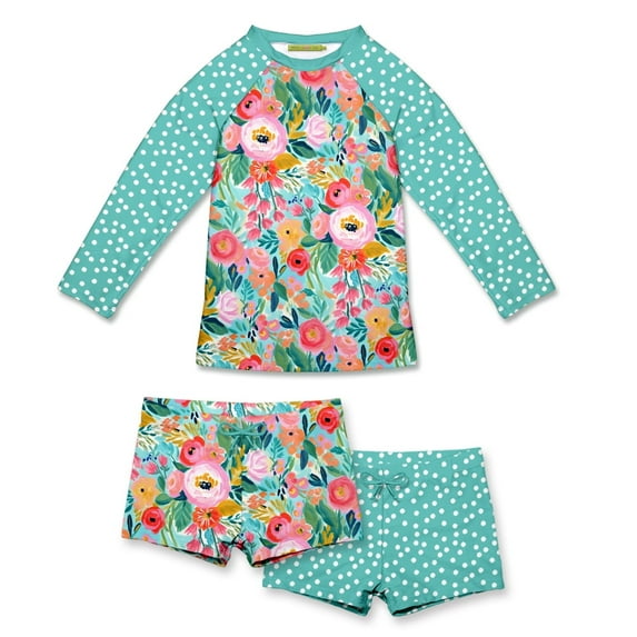 Millie Loves Lily Girls Mint New Beginnings Floral Rashguard Set,Big Girls,Size 5,3-PCS,UPF 50+