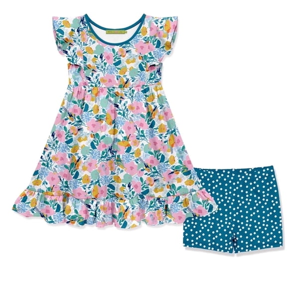 Millie Loves Lily Girls Turquoise Filagree Floral Angel Sleeve Dress & Short Set, Big Girls, Size 12