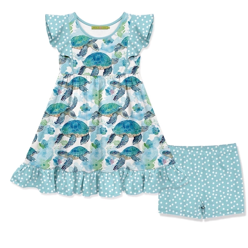 Millie Loves Lily Girls Mint Turtle Angel Sleeve Dress & Short Set,Big Girls,Size 8