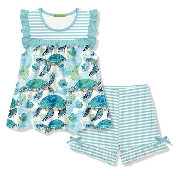 Millie Loves Lily Girls Mint Turtle Print Top and Stripe Short Set,Big Girls,Size 5,2PCS