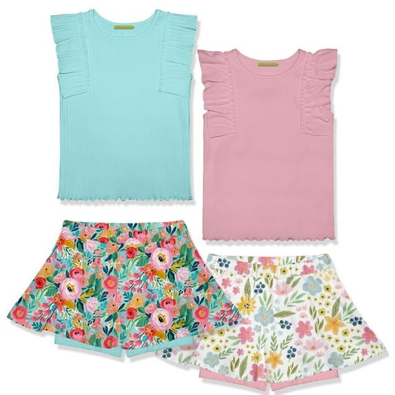 Millie Loves Lily Girls Mint and Pink Rib Tops and Printed Skorts Set, Big Girls, Size 6, 4-PCS