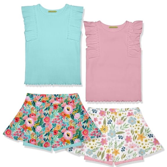 Millie Loves Lily Girls Mint and Pink Rib Tops and Printed Skorts Set, Big Girls, Size 6, 4-PCS