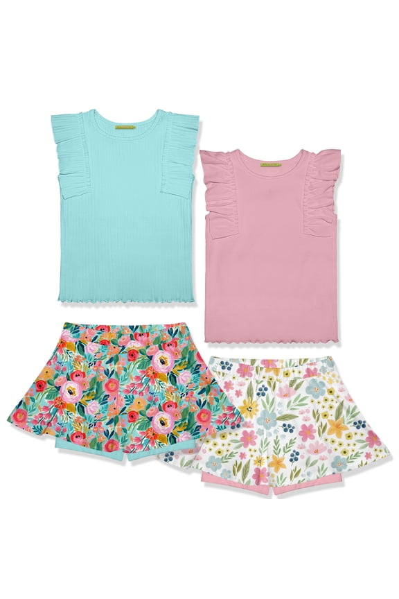 Girls Mint and Pink Rib Tops and Printed Skorts Set, Big Girls, Size 8, 4-PCS