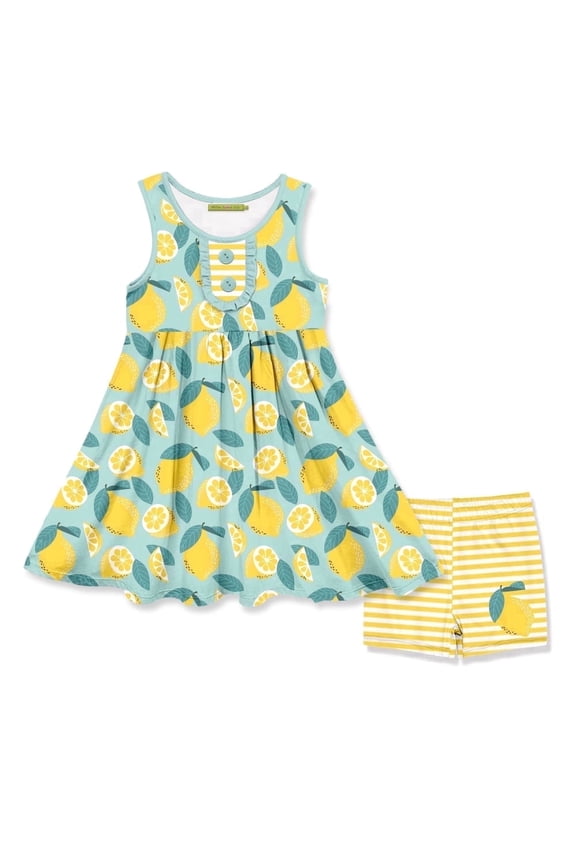 Girls Mint and Yellow Lemon Print Dress and Short Set, Big Girls, Size 8,2-PCS